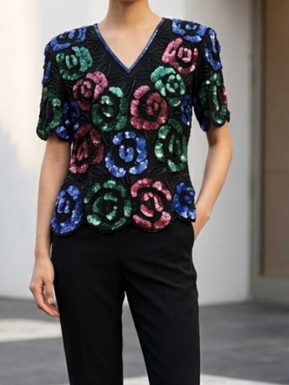 Vintage Stenay Sequin Flowers beaded black silk Blouse Pink Blue Top Women’s S